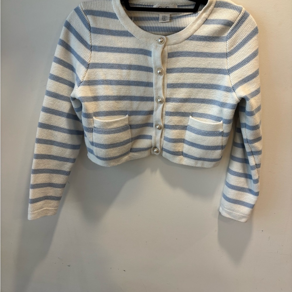 Striped Cropped Cardigan with faux Pearl Buttons
